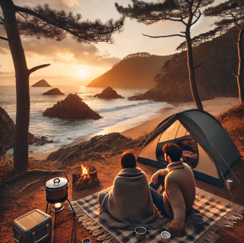 섬에서 연인이 노지 캠핑을 하는 모습 사진