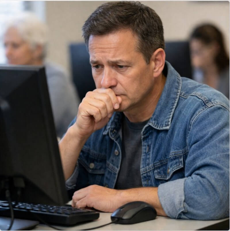 컴퓨터 학습을 시작하기 전 망설이는 초보자 모습