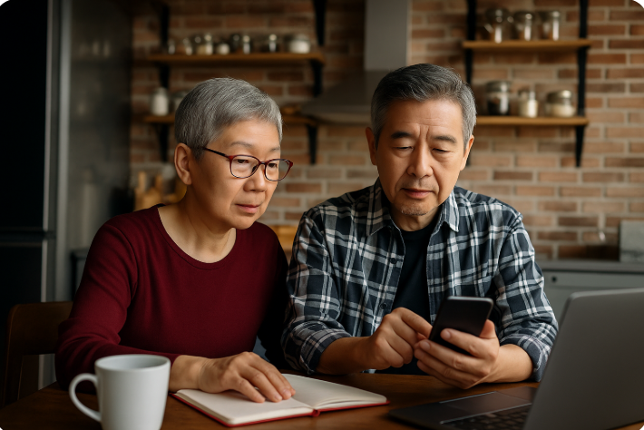 은퇴 부부가 노트북과 스마트폰으로 재정 계획을 세우며 국민연금 예상 수령액을 확인하는 모습
