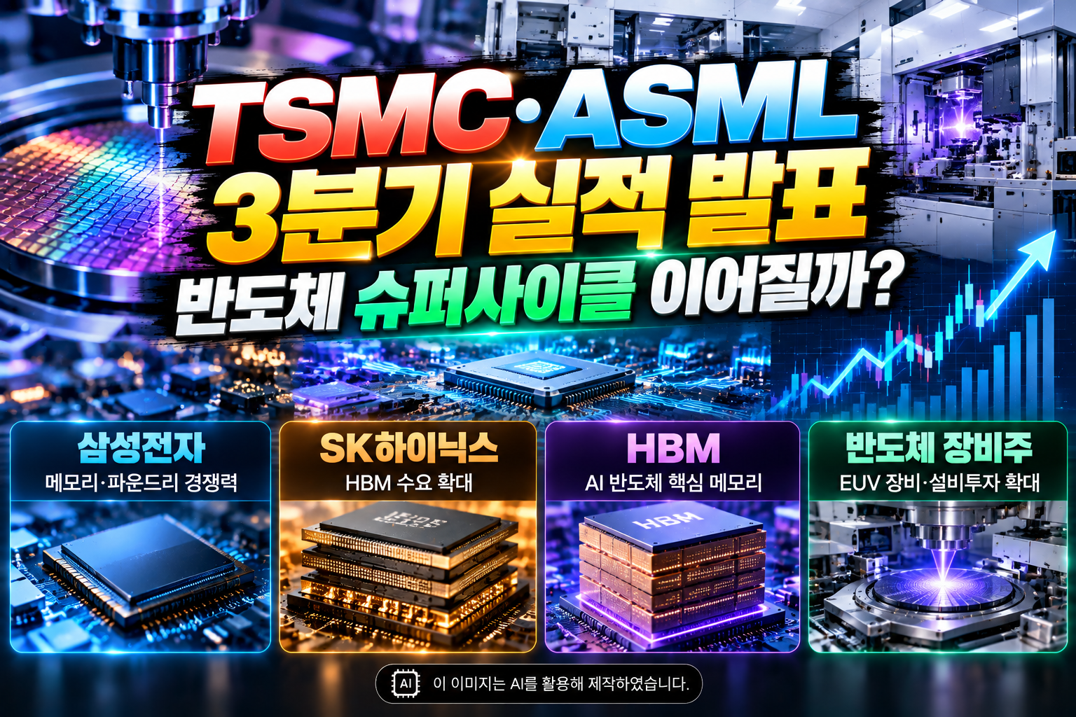 TSMC·ASML의 2026년 3분기 실적 발표와 반도체 슈퍼사이클 지속 가능성, 삼성전자·SK하이닉스의 HBM 경쟁력 및 EUV 반도체 장비·소재 관련주에 미칠 영향을 반도체 웨이퍼, AI 칩, 노광장비와 상승 차트로 표현한 이미지