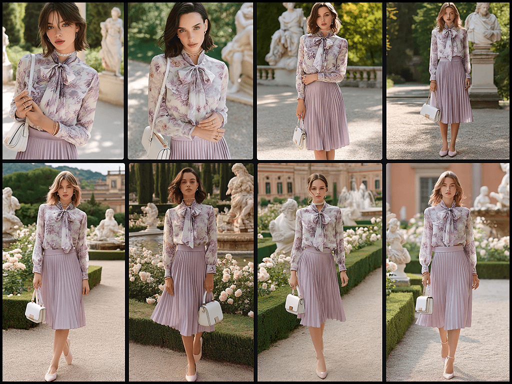 패션 화보, OREF를 활용해 플랫 레이 의상 이미지를 다양한 모델과 공간에 적용한 연출 예시 모음 이미지_Midjourney