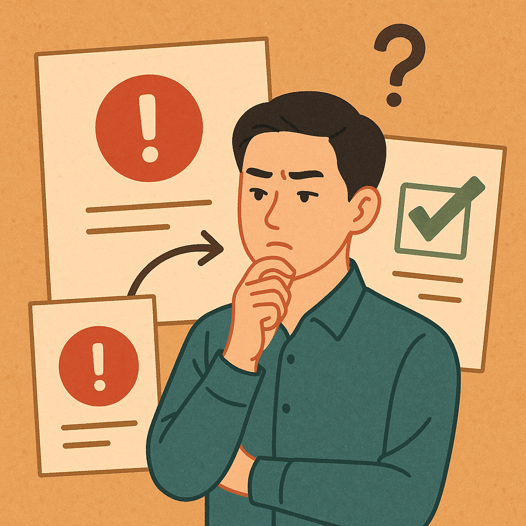 고개를-갸웃하며-생각에-잠긴-표정의-단정한-한국인-남성이-한-손으로-턱을-괴고-있고-배경에는-중요한-일을-상징하는-빨간-느낌표가-그려진-종이와-쉬운-일을-상징하는-초록-체크표시가-그려진-종이가-화살표로-연결되어-있는-장면을-따뜻한-톤의-일러스트로-표현함