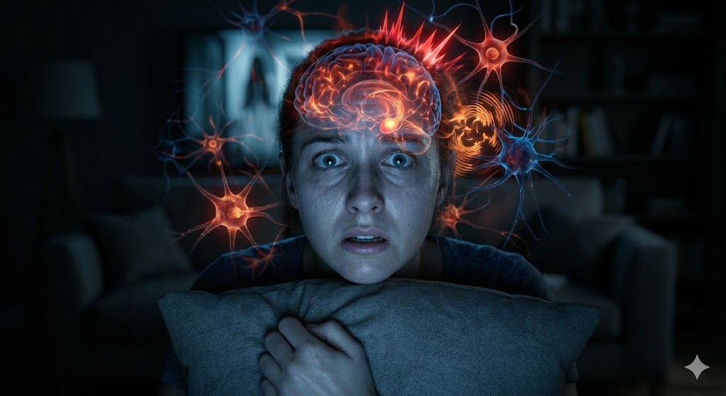 A tense viewer in a dark room, illuminated only by the cold blue light from a Netflix screen.