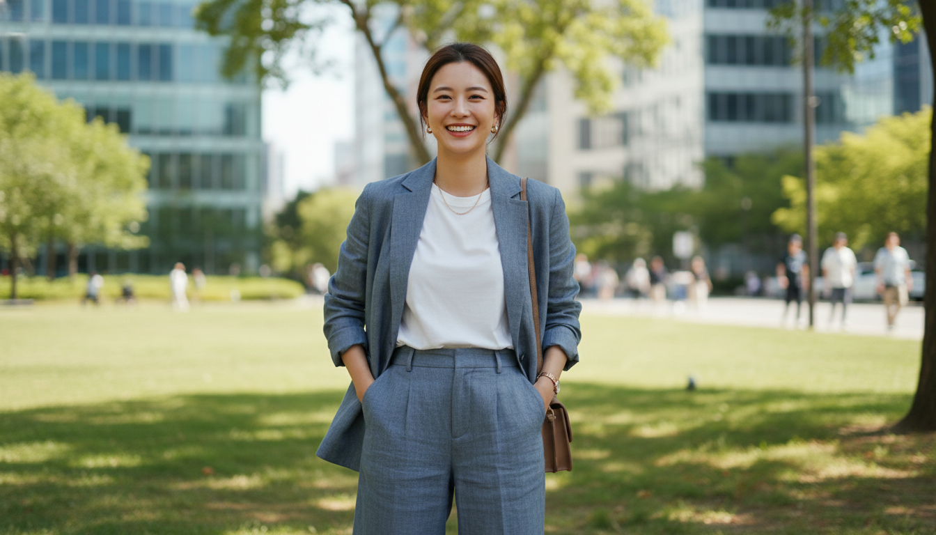 가벼운 블루-그레이 리넨 블레이저와 와이드 레그 팬츠를 입은 20대 한국인 여성 직장인이 현대적인 도시 공원에서 밝게 웃고 있는 모습