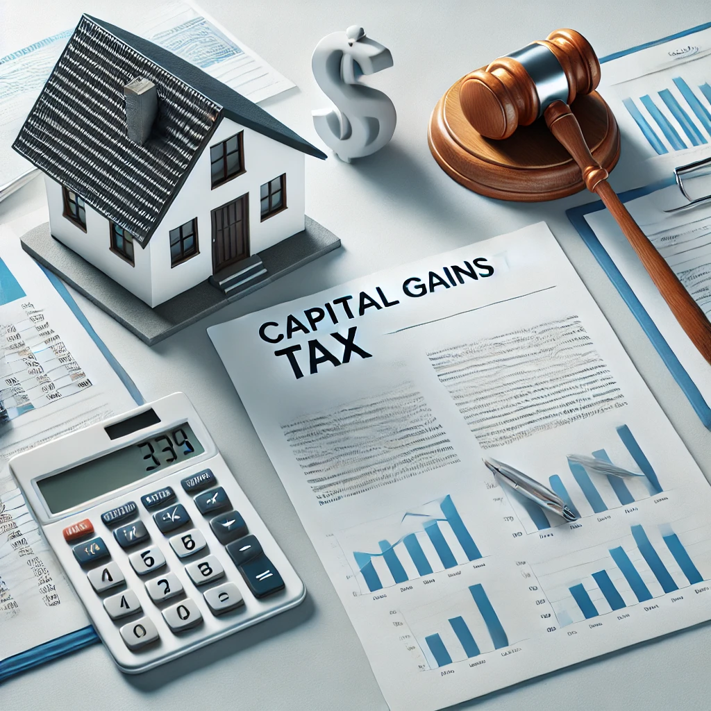 양도소득세와 법적 요소를 강조한 집 모형과 계산기 이미지