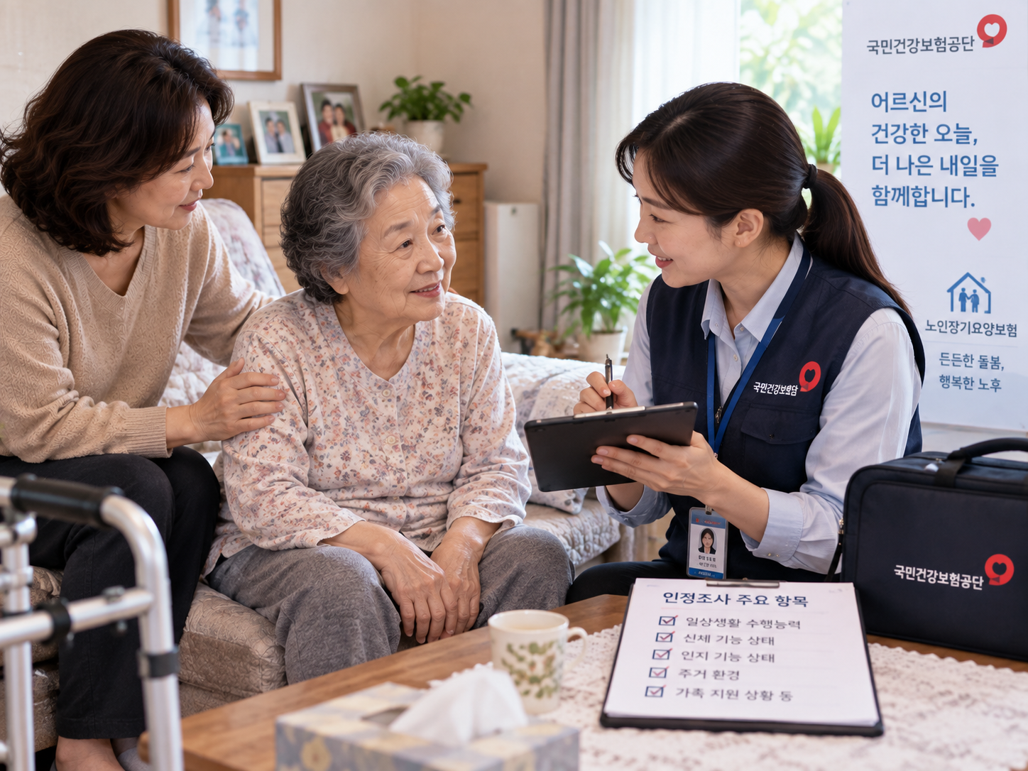 국민건강보험공단 직원이 어르신의 일상생활 상태를 확인하는 방문조사 장면