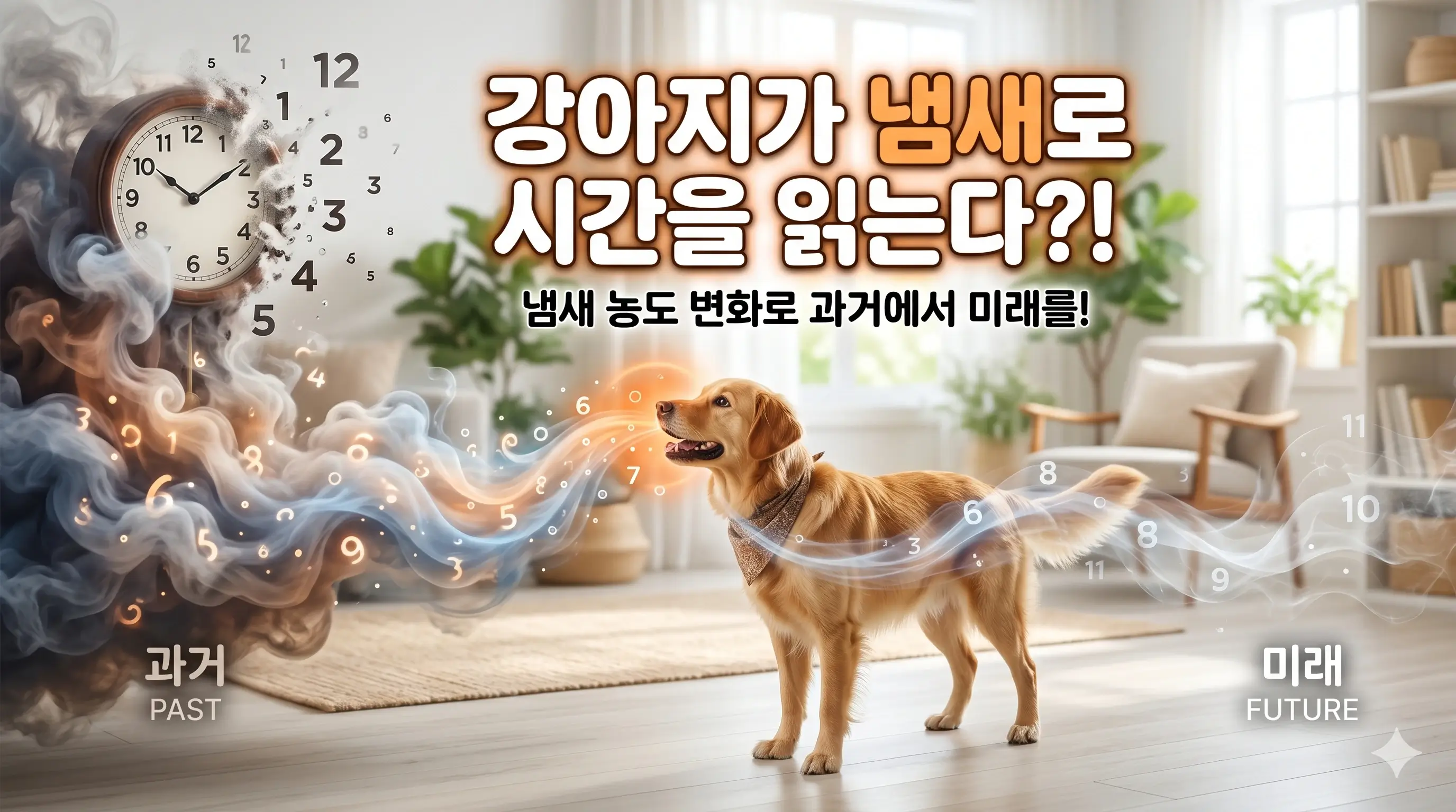 시간의 흐름을 냄새 농도의 변화로 파악하는 반려견의 후각 시스템을 묘사한 이미지