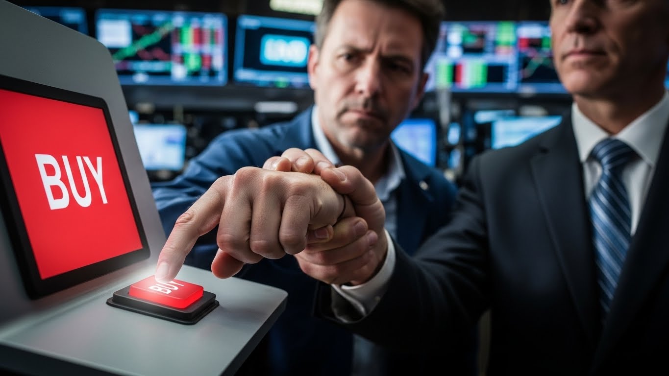 An investor is about to press a red button (buy), but an expert in a suit (cool reason) grabs their wrist to stop them.