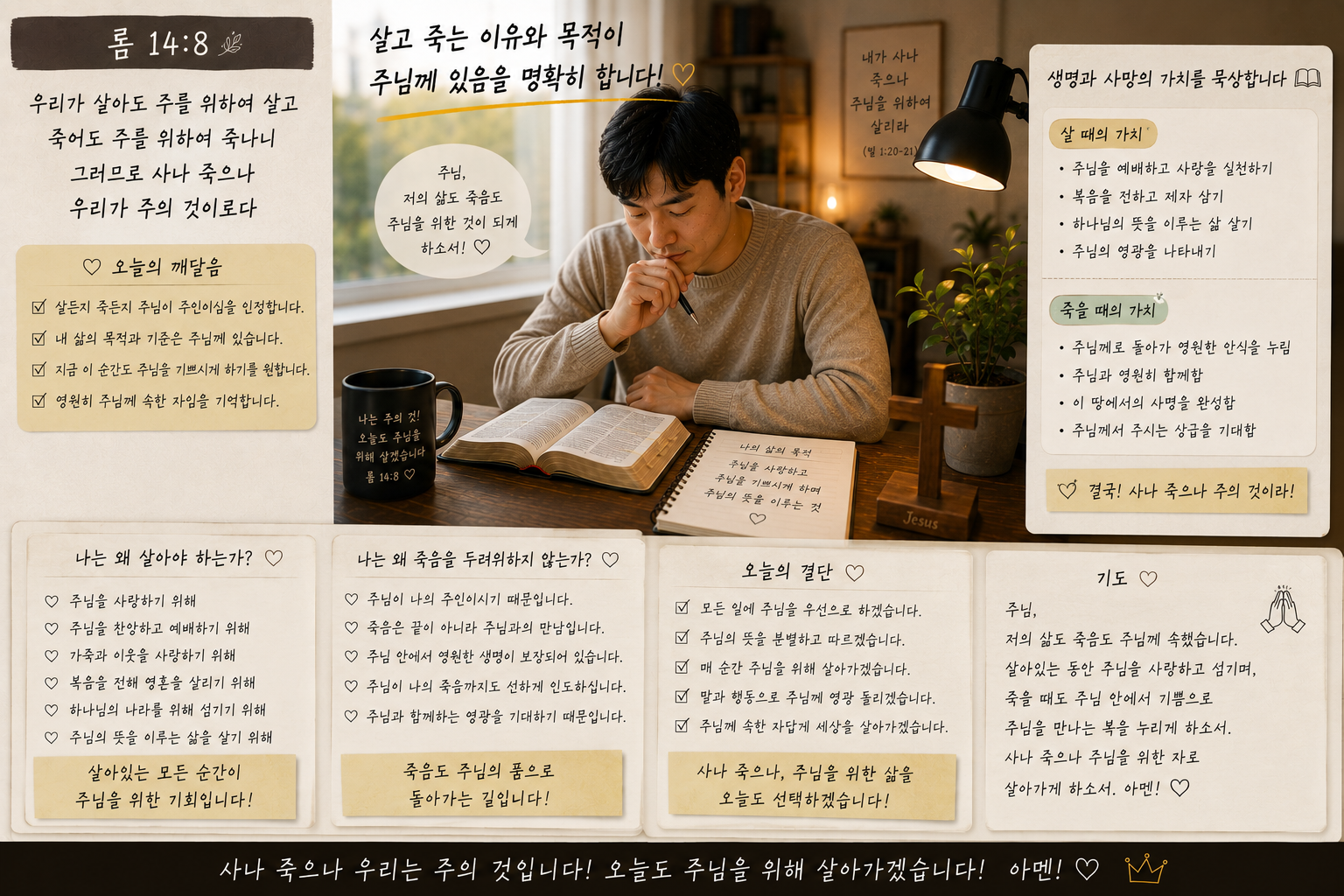 롬 14:8 말씀에서 살고 죽는 이유와 목적이 무엇이 되어야 하는지를 명확히 할 것을 생각하며&amp;#44; 주님을 위한 생명과 사망의 가치를 묵상하는 시간을 갖는 모습입니다.