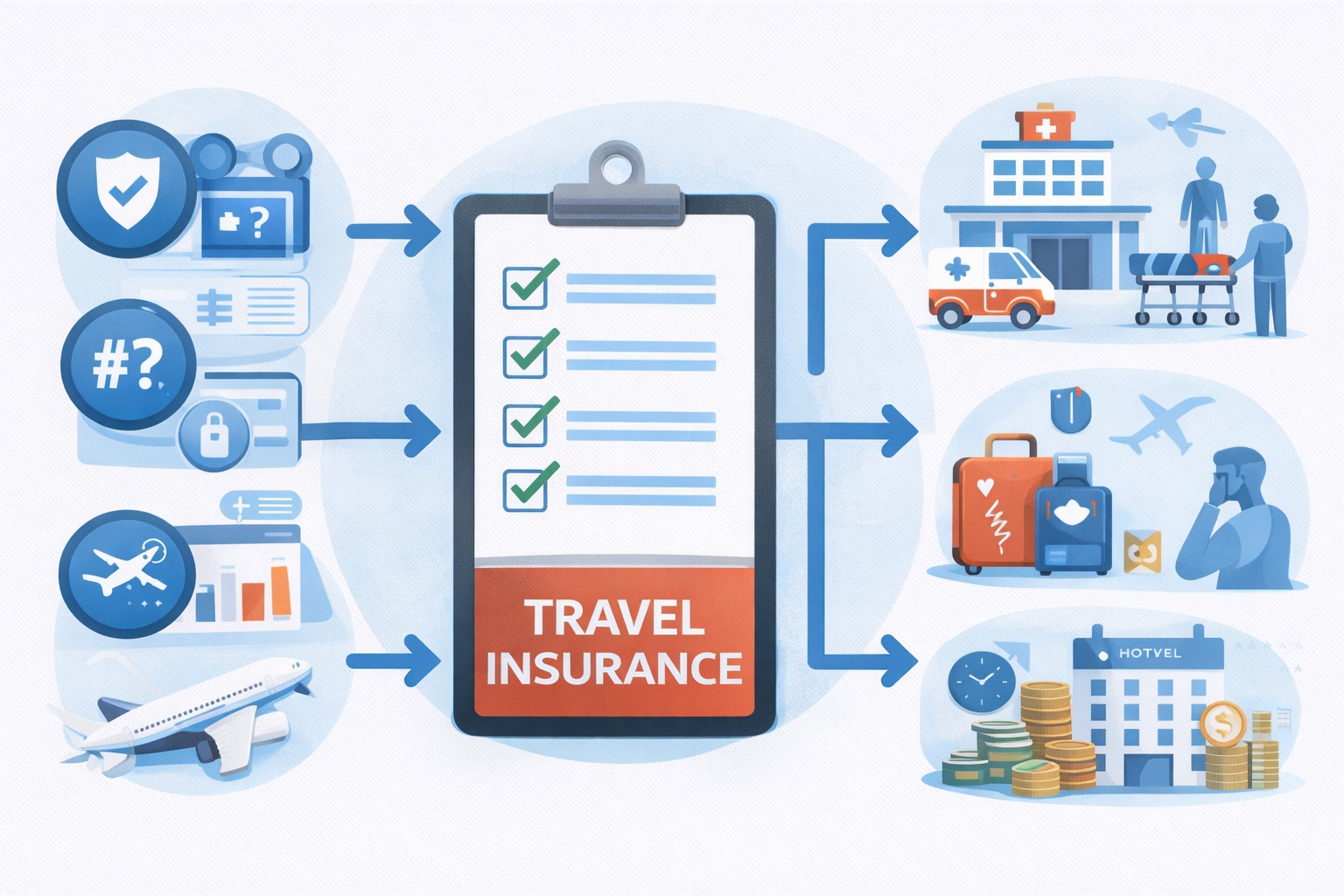 여행자 보험 필수 보장 항목을 흐름도로 정리한 요약 다이어그램