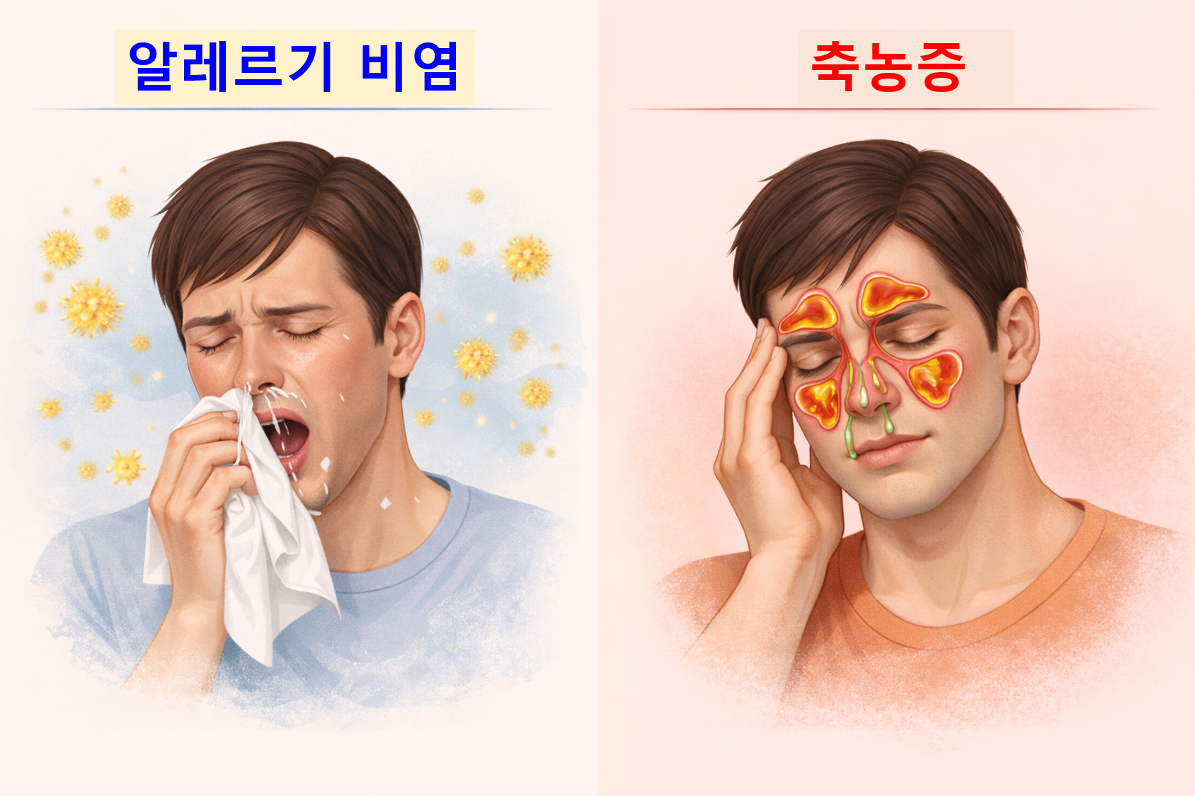 알레르기 비염과 축농증 비교 - 맑은 콧물 vs 누런 콧물