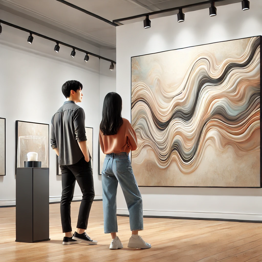 미술관에서 추상화를 보며 토론하는 젊은 커플