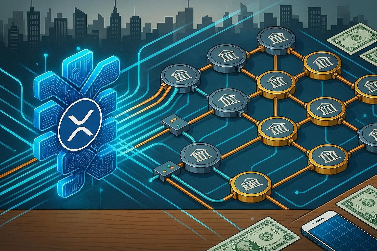 A clean financial flow diagram showcasing U.S. Treasuries and institutional assets being tokenized onto the XRP Ledger.