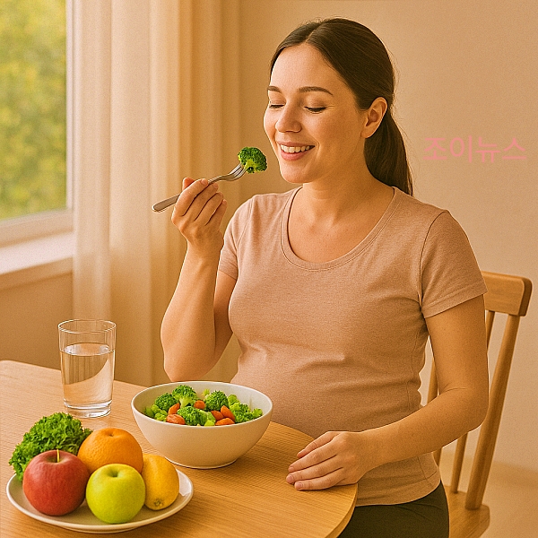 임산부가 건강식을 먹는 모습