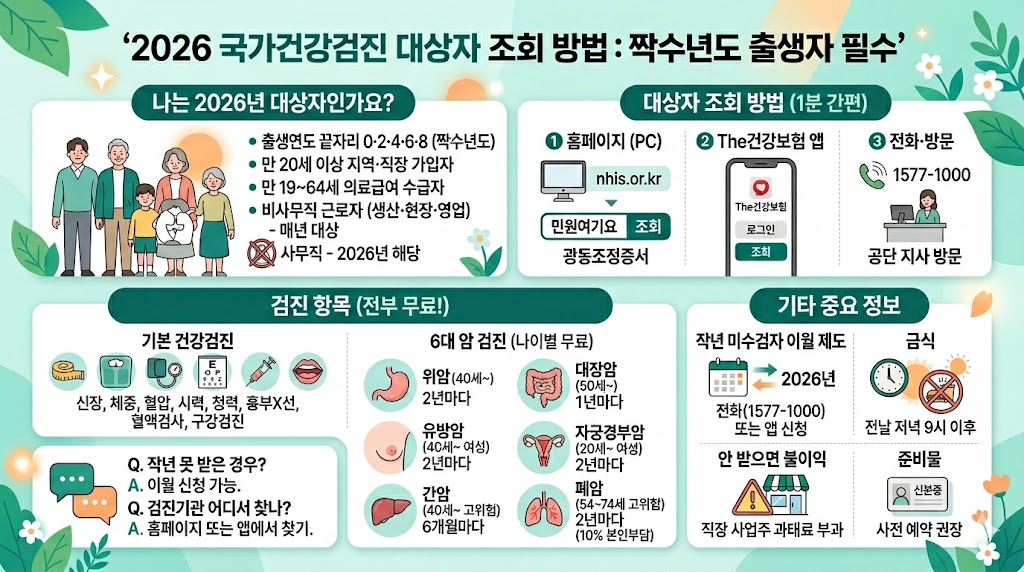 2026 국가건강검진 대상자 조회 방법: 짝수년도 출생자 필수'라는 제목의 종합 인포그래픽. 상단 왼쪽에는 '나는 2026년 대상자인가요?'라는 질문과 함께 출생연도 끝자리 0&middot;2&middot;4&middot;6&middot;8(짝수년도) 해당, 만 20세 이상 지역&middot;직장 가입자, 만 19~64세 의료급여 수급자, 비사무직 근로자(매년 대상), 사무직(2026년 해당) 등 구체적인 대상 자격 정보를 다양한 인물 일러스트와 함께 설명합니다. 상단 오른쪽은 '대상자 조회 방법(1분 간편)'으로 홈페이지(PC), The건강보험 앱, 전화&middot;방문(1577-1000)의 세 가지 방법을 아이콘과 함께 안내합니다. 중앙은 '검진 항목(전부 무료!)'으로 신장, 체중, 혈압, 시력, 청력, 흉부X선, 혈액검사, 구강검진이 포함된 '기본 건강검진'과 위암, 대장암, 유방암, 자궁경부암, 간암, 폐암의 6대 암 검진 나이별 지원 정보(무료 또는 10% 본인부담)를 아이콘과 함께 정리했습니다. 하단 오른쪽은 '기타 중요 정보'로 작년 미수검자 이월 제도(전화 또는 앱 신청), 금식(전날 저녁 9시 이후), 안 받으면 불이익(직장 사업주 과태료 부과), 준비물(신분증 필지, 사전 예약 권장) 정보를 제공합니다. 하단 왼쪽은 Q&amp;A 섹션으로 '작년 못 받은 경우?'(이월 신청 가능), '검진기관 어디서 찾나?'(홈페이지 또는 앱에서 찾기)에 대한 답변을 담고 있습니다.