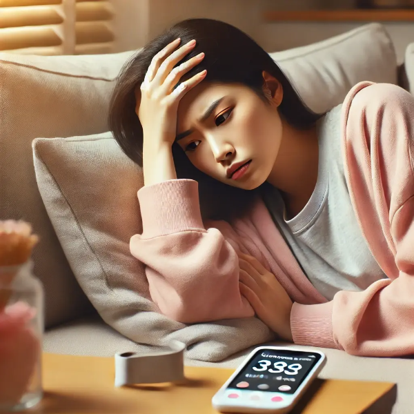 소파에 누워 피곤한 표정으로 이마를 짚은 채 스마트폰 옆에 있는 동양인 젊은 여성