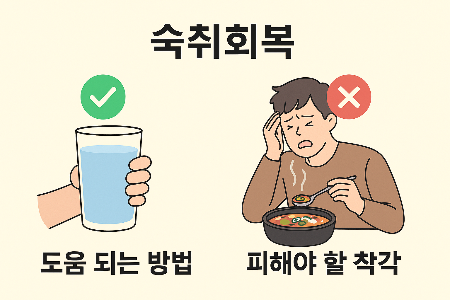 숙취회복을 주제로 한 인포그래픽, 수분 보충은 효과적인 방법이고 자극적인 해장은 피해야 할 착각을 비교한 이미지