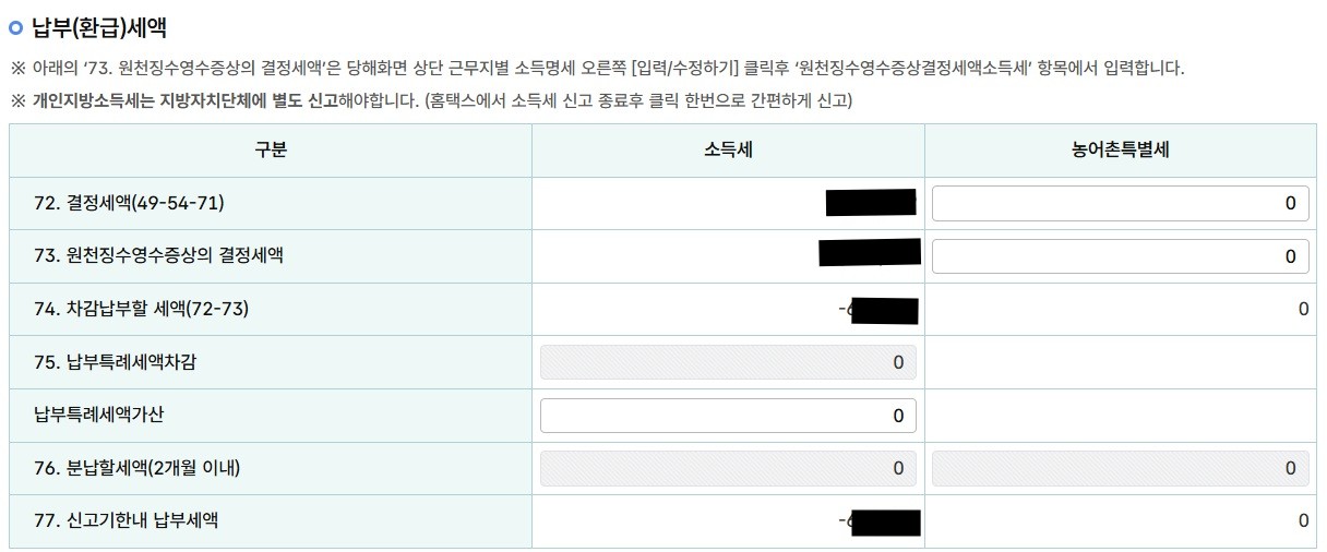 국세청 홈텍스 / 종합소득세 신고 / 근로소득 신고 / 정기신고 / 납부(환급)세액 결과