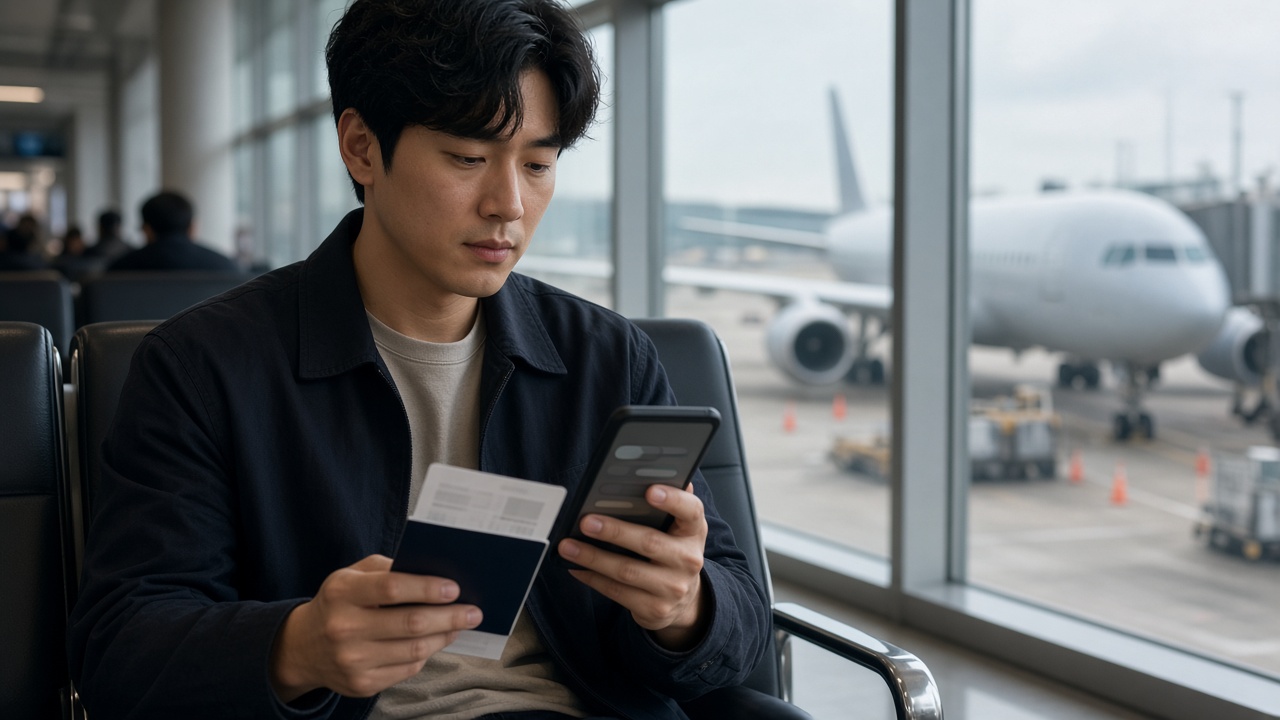 출국 전 공항 대기석에서 휴대폰 데이터 설정을 바꾸는 여행객