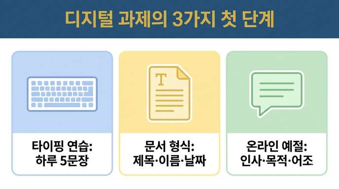 디지털 과제에 필요한 타이핑과 문서 작성, 온라인 예절을 보여주는 인포그래픽
