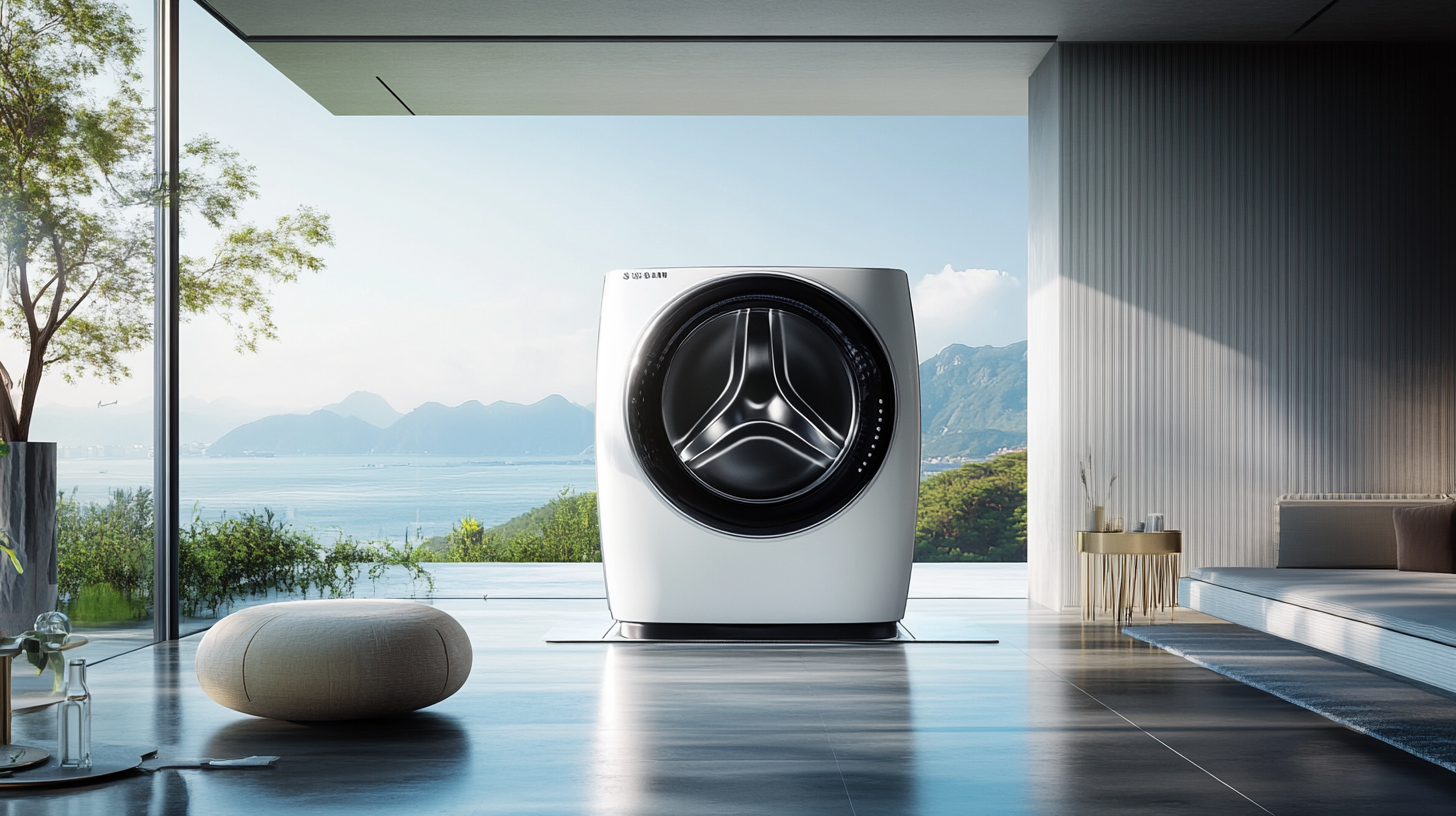 미래지향적 디자인의 삼성 드럼 세탁기가 현대적이고 미니멀한 한국 가정 인테리어에 배치되어 고급스러움과 첨단 기술을 전달하고 있습니다.