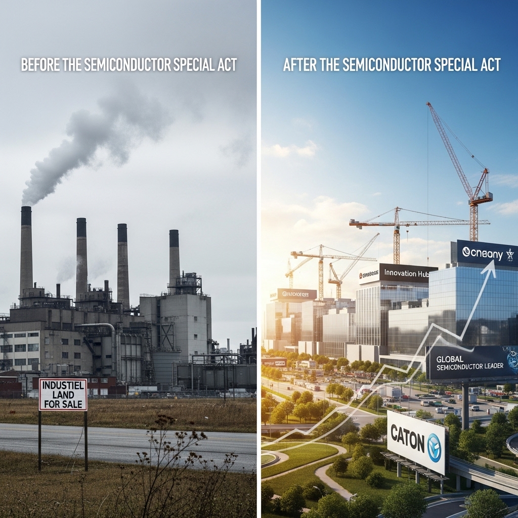 반도체특별법 시행 전후의 산업 투자 유치 효과를 극명하게 비교하여 보여주는 이미지입니다. 법 시행 후 활발해진 투자와 성장을 상징합니다.