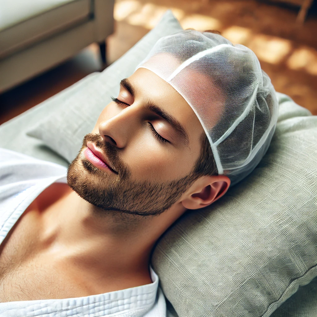 모발이식 후 휴식을 취하는 남성의 모습