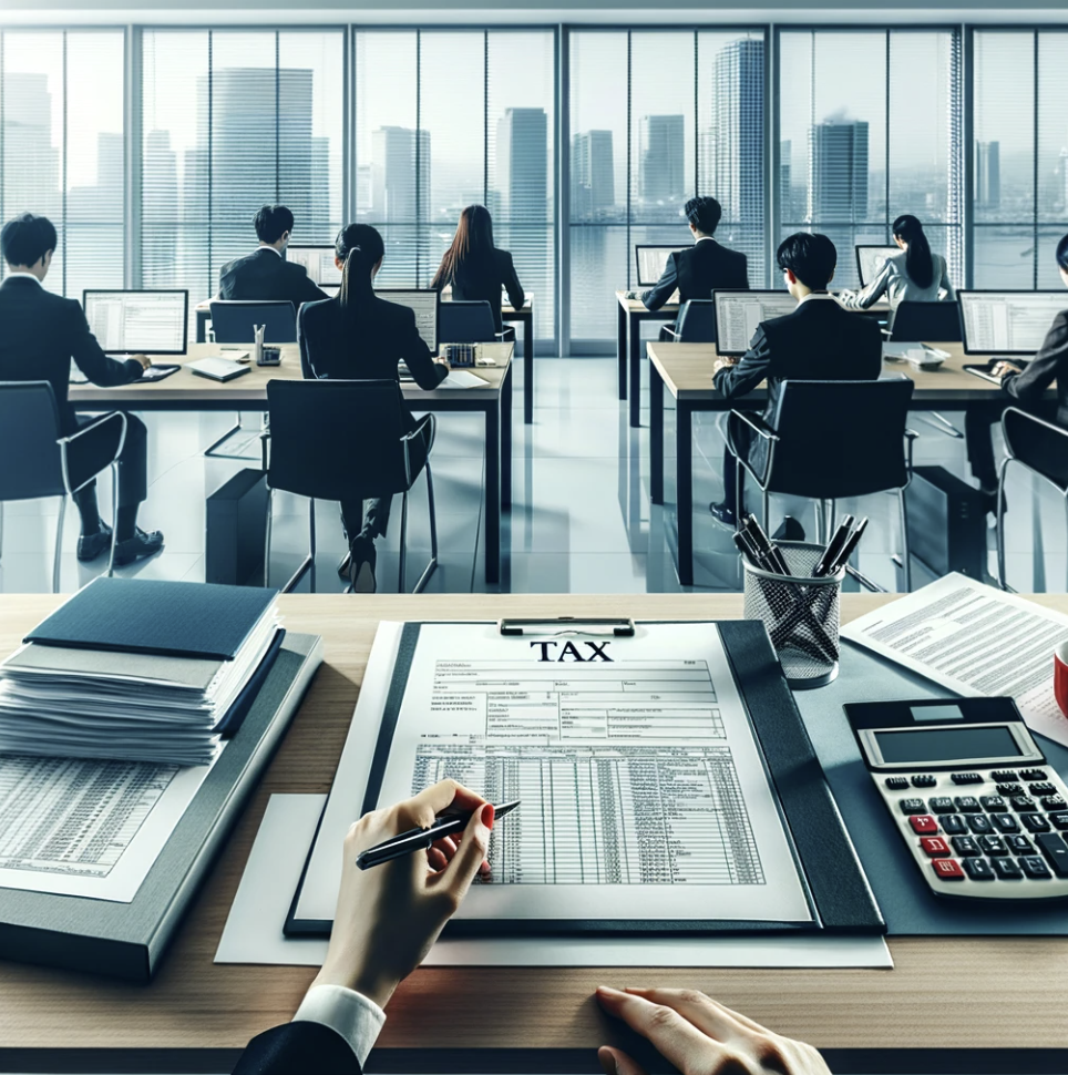 사무실에서 세무 관련 작업을 하는 장면