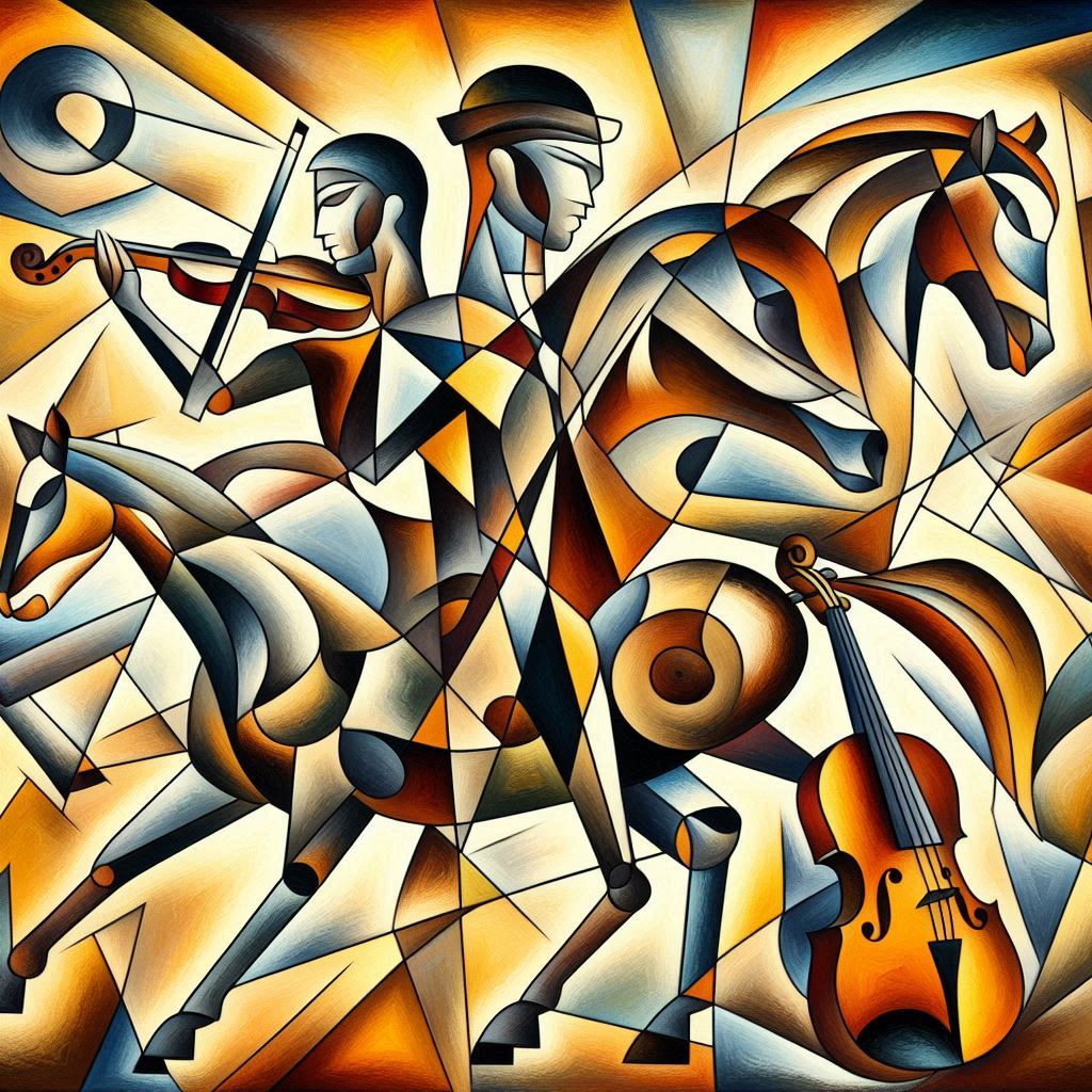 바이올린 연주자와 말, 피카소 스타일, 여러 각도 동시 표현
