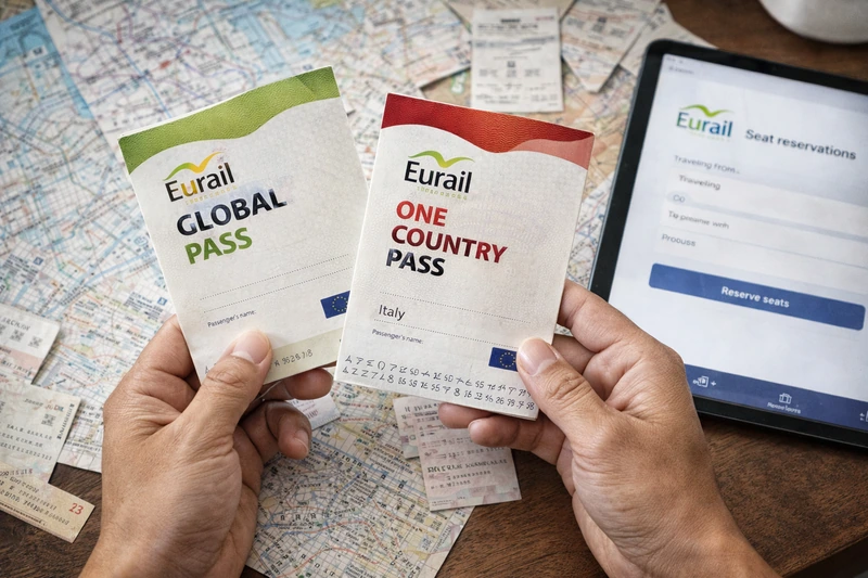 유레일 글로벌 패스와 원컨트리 패스를 손에 들고 비교하는 장면으로, 유럽 철도 노선도와 종이 승차권, 좌석 예약 앱 화면이 함께 놓인 여행 준비 이미지