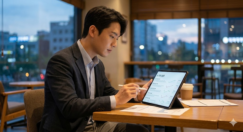 태블릿 PC로 AI 투자 종목 리스트를 확인하며 고민하는 직장인의 따뜻한 감성 사진