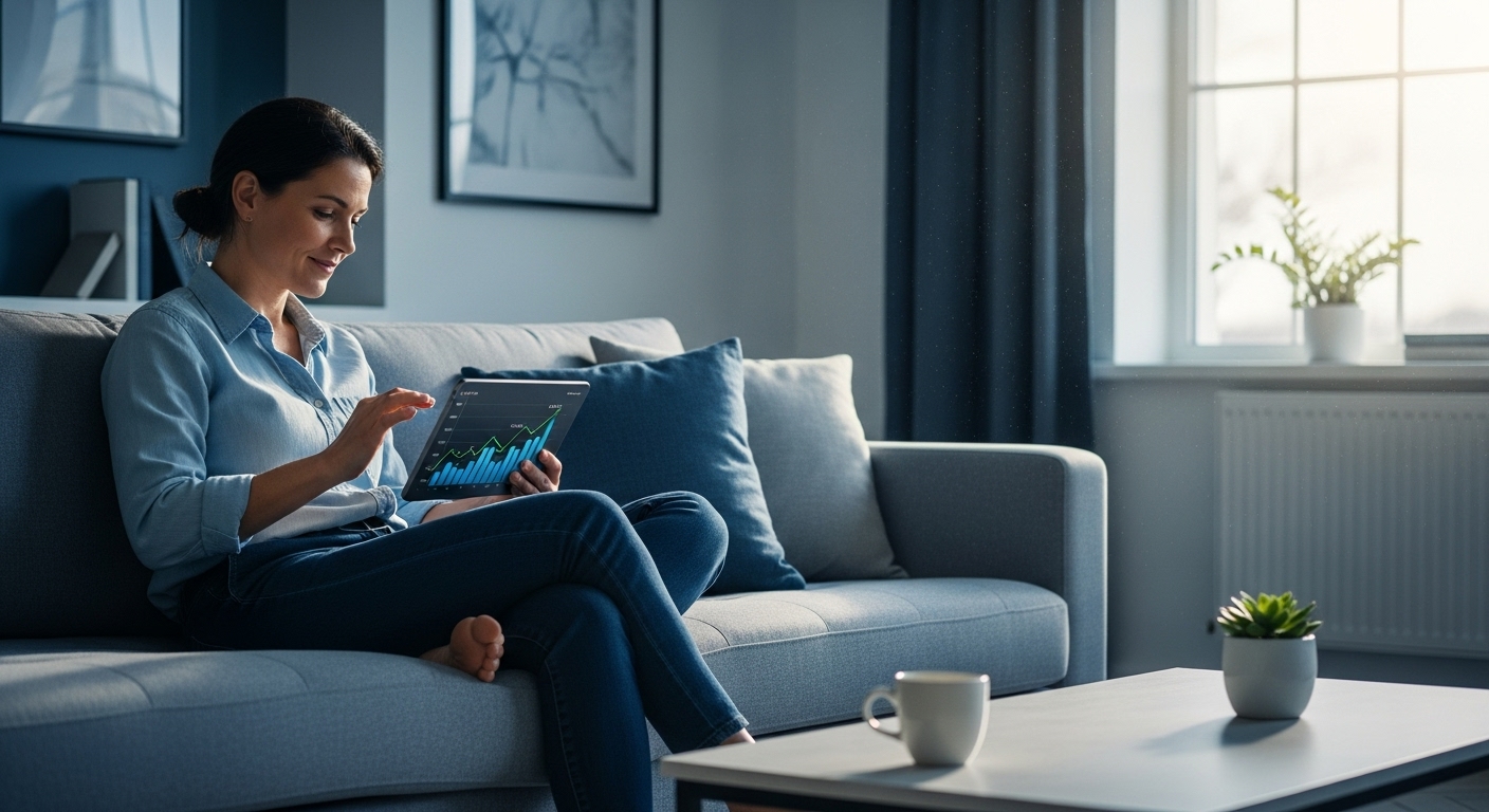 2026년 경제적 자유를 달성한 듯 평온하게 태블릿을 보는 사람의 모습