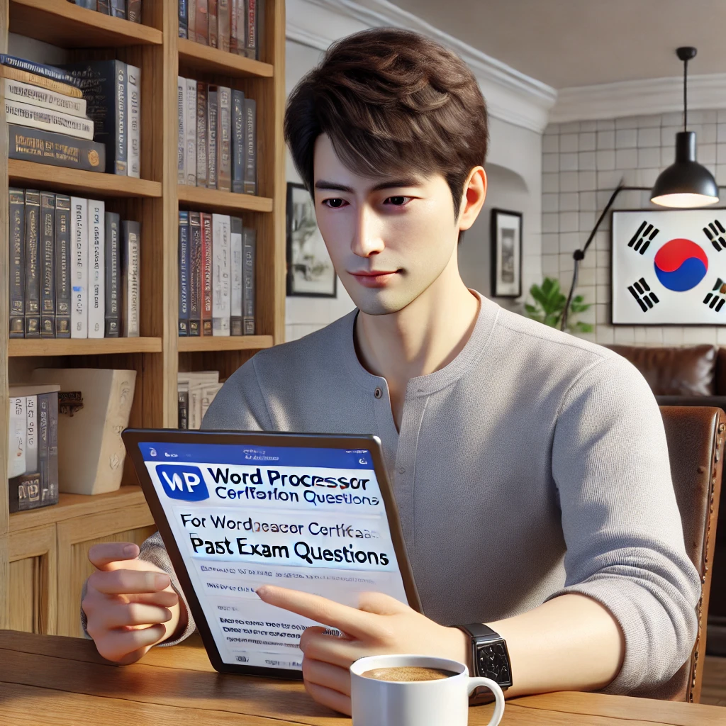 남성이 거실에서 태블릿으로 워드프로세서 기출문제를 찾기 위해 커뮤니티 포럼을 검색하는 장면. 그는 테이블 위 커피잔 옆에 앉아 있으며, 배경에는 책장이 보이는 아늑한 공간입니다