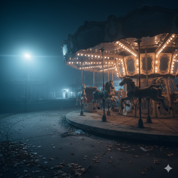 황량한 놀이공원의 야간 회전목마, 쓸쓸한 분위기