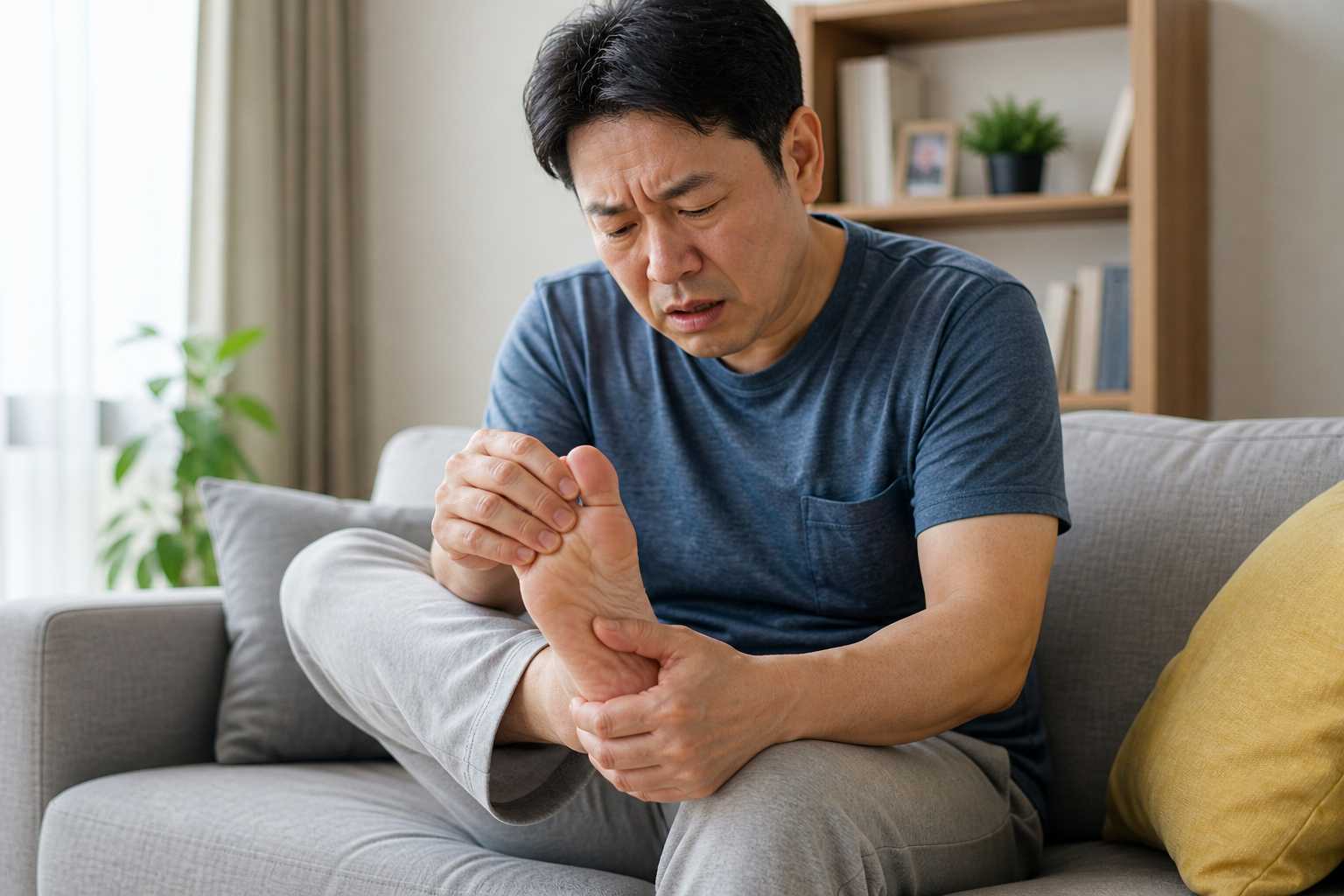 내성발톱 통증으로 엄지발가락을 보고 있는 모습