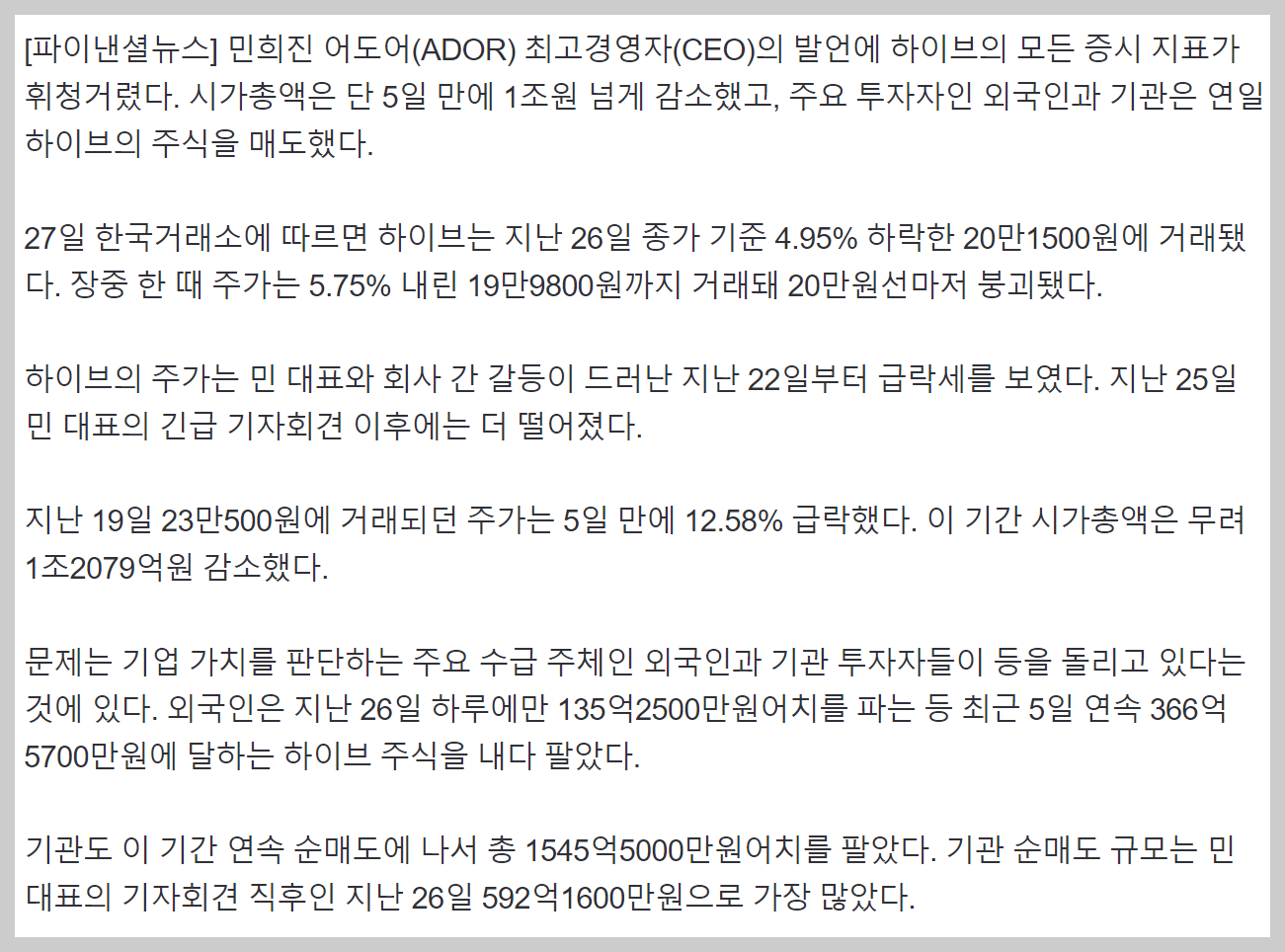 민희진 어도어 하이브 갈등