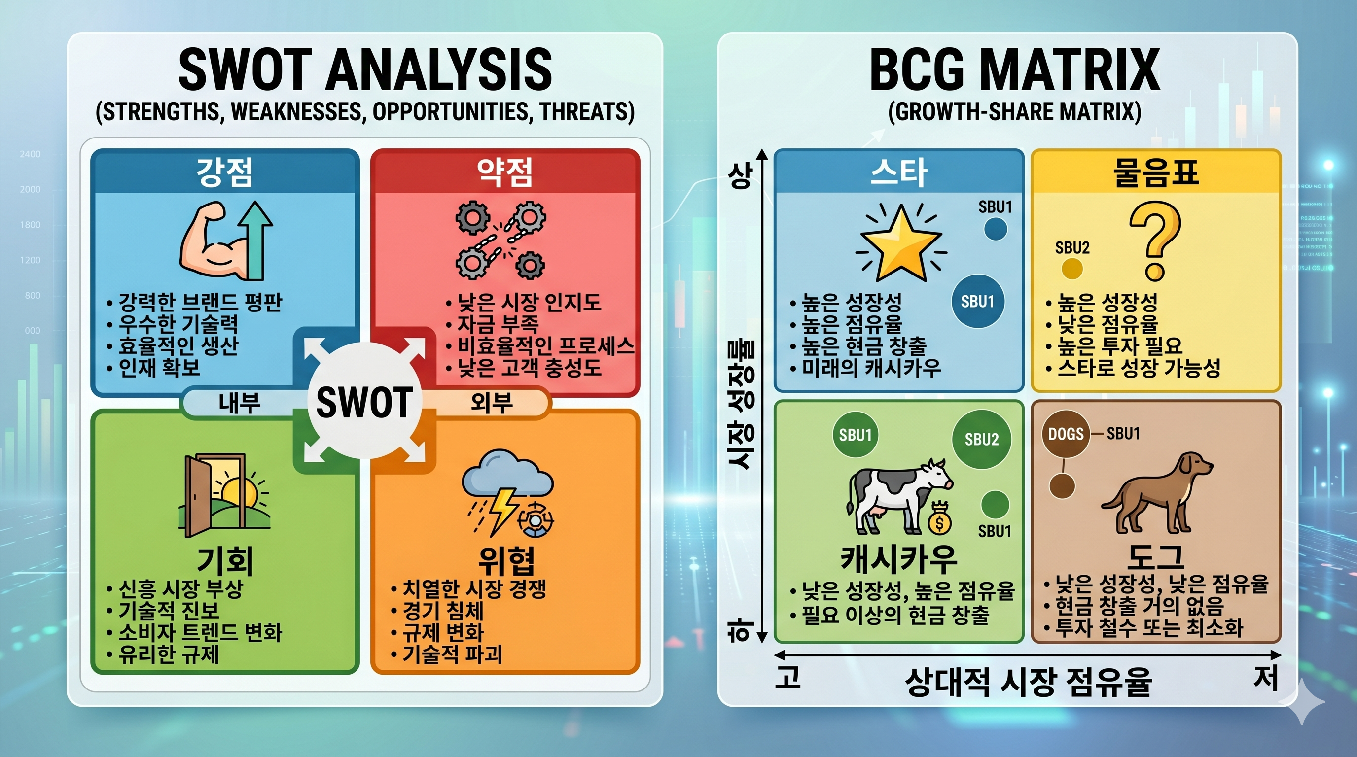 SWOT 분석과 BCG 매트릭스를 정리한 인포그래픽