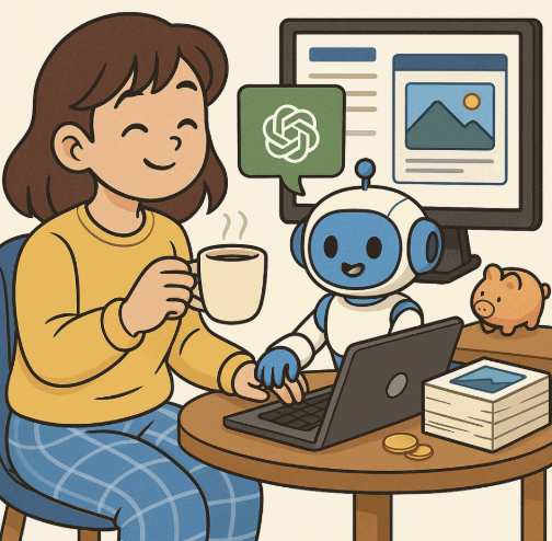 노트북 앞에서 커피를 마시는 여성 프리랜서와, 대신 키보드를 타이핑해주는 귀여운 AI 로봇. 화면에는 카드뉴스 작업 창이 열려 있고, 테이블에는 결과물과 돼지 저금통이 놓여 있는 모습