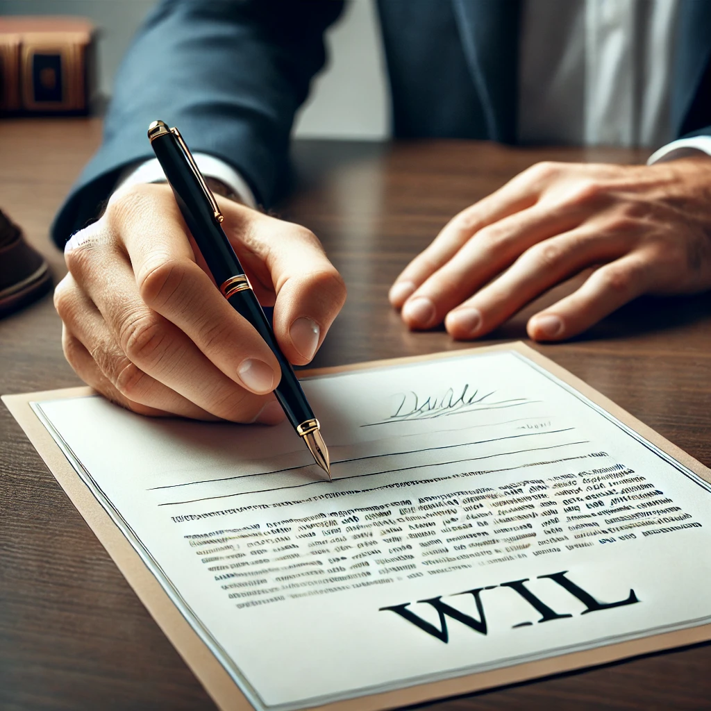 "책상 위에 '유언장'이라고 쓰인 문서가 놓여 있고, 서명할 준비를 마친 펜이 옆에 있습니다. 법적 절차의 마지막 단계를 표현하는 상징적인 이미지입니다."