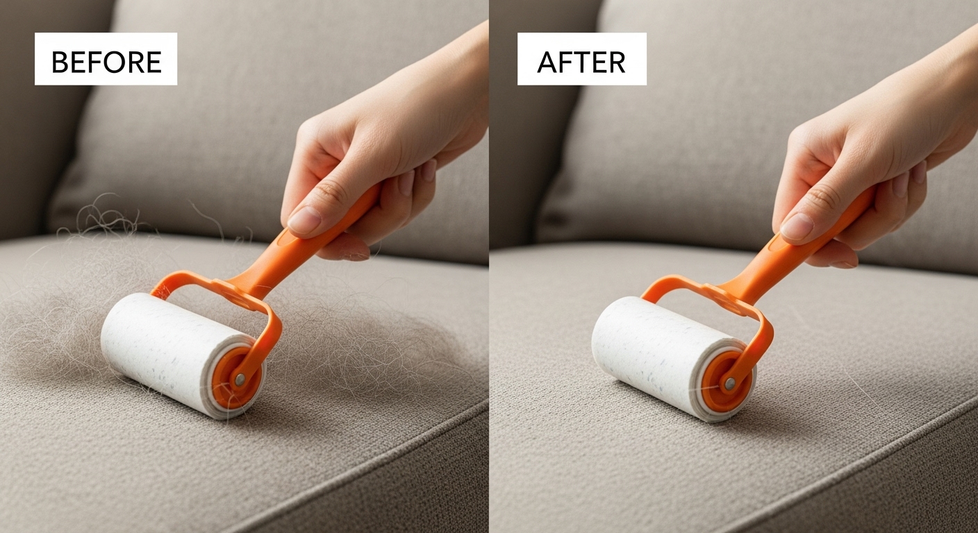 고양이 털이 많은 소파와 털 제거 롤러 사용 후 깨끗해진 소파를 대비시켜 제품의 효과를 보여주는 이미지.