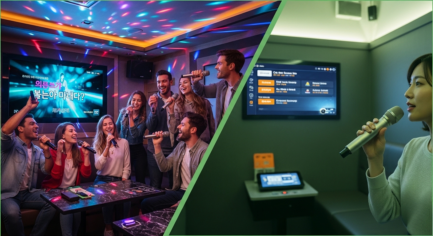 Comparison of traditional Noraebang with a group of friends and a coin Noraebang with a solo singer, showcasing the different K-Karaoke experiences in Korea.