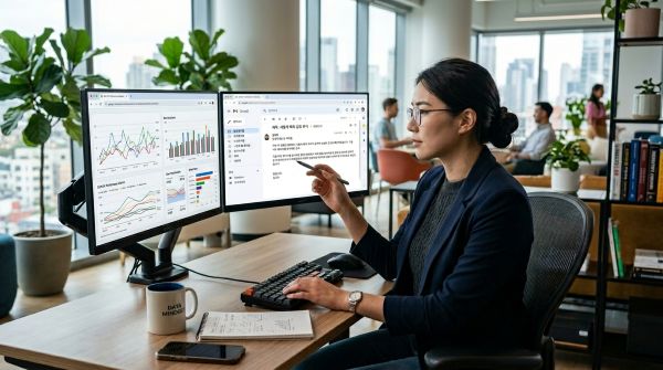 Gemini in Chrome 기능을 이용한 업무 분석하는 커리어 우먼