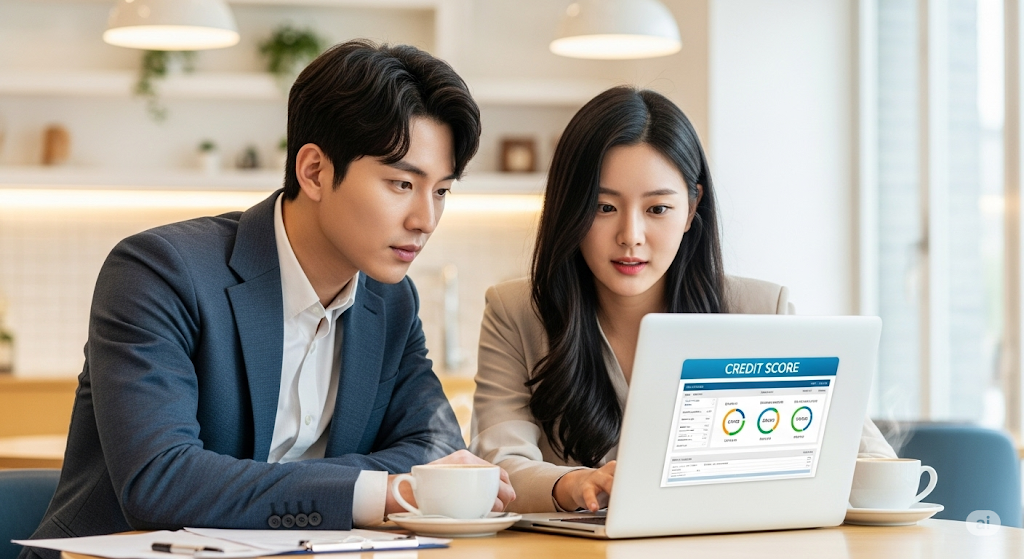 신용점수 관리 앱을 확인하고 있는 사회초년생