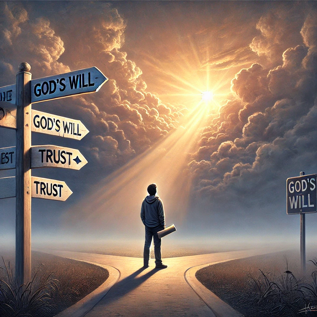 Here is the illustration of a person reflecting on God's will at a crossroads, symbolizing the reliance on divine guidance in making decisions.