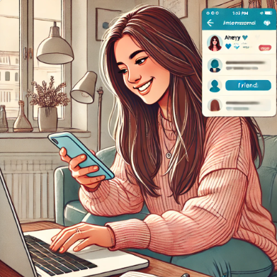 이탈리아에서 SNS앱으로 친구 사귀는 여자 유학생 모습