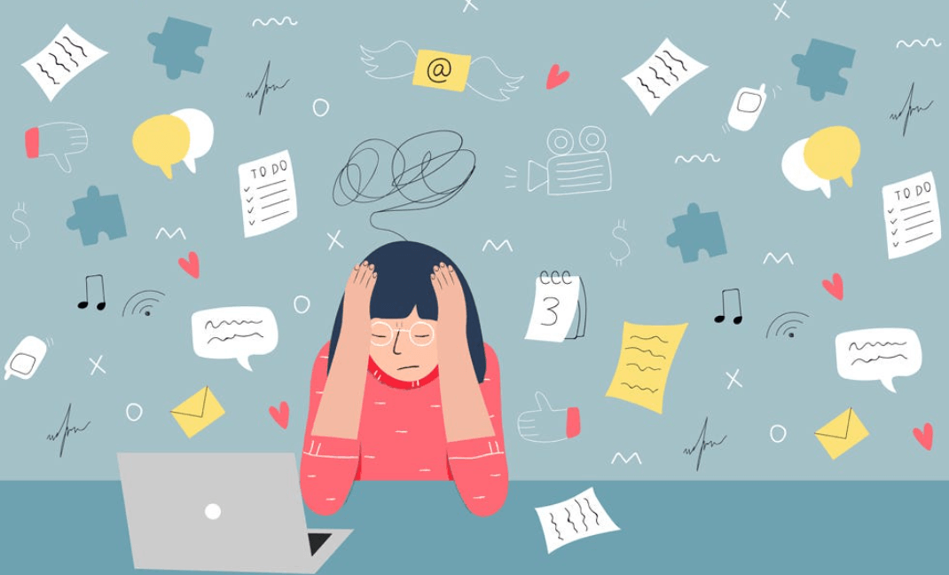 작은 스트레스와 걱정 루프 때문에 힘들어하는 여성의 심리 표현 일러스트