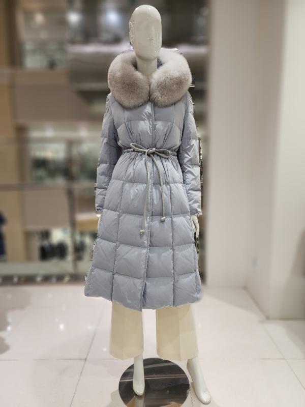 발렌시아 폭스퍼 후드 벨티드 구스 롱 패딩 23AGE13