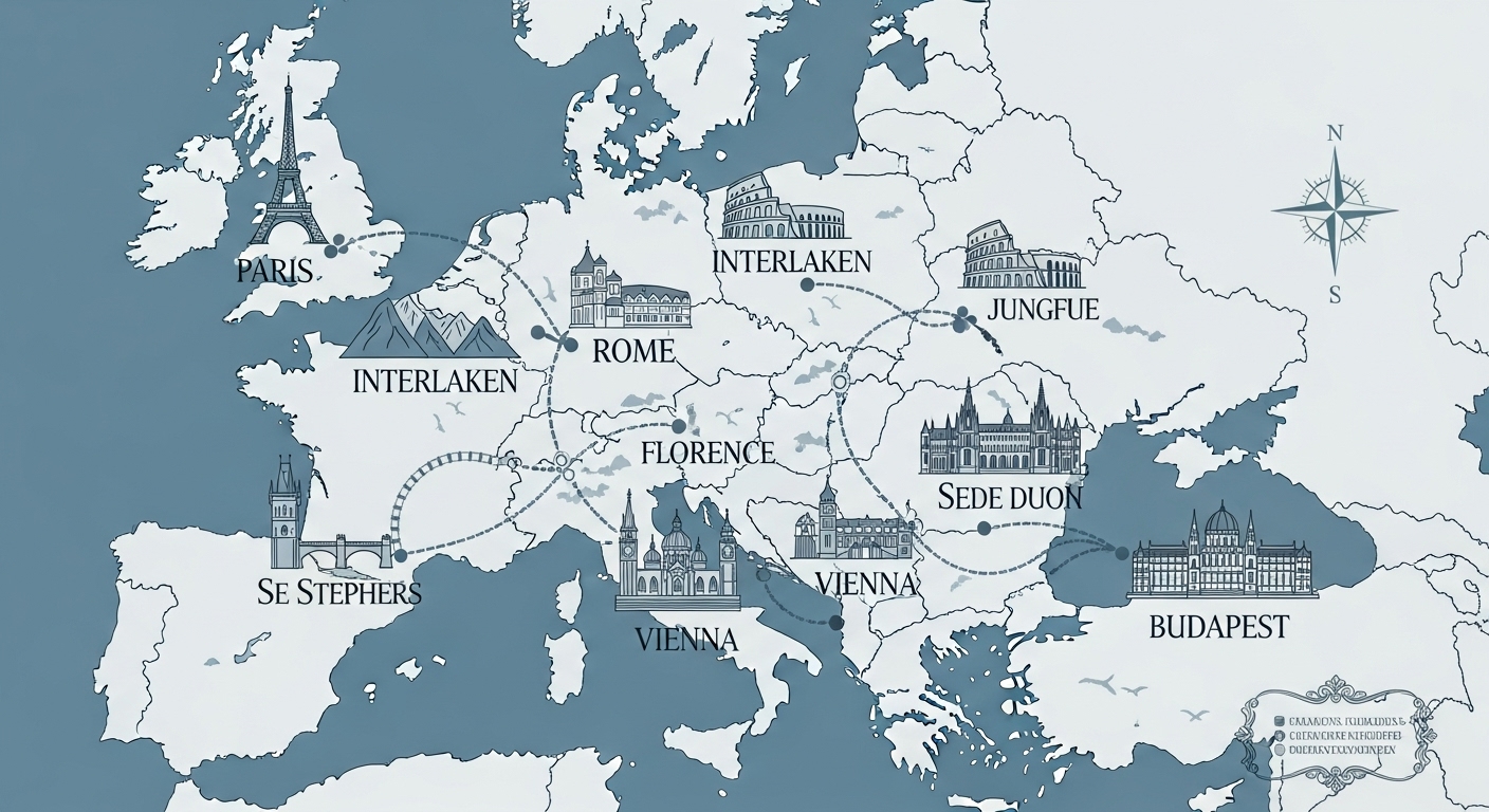 프랑스 파리부터 이탈리아 로마, 체코 프라하까지 이어지는 유럽 기차 여행 추천 루트를 보여주는 일러스트 지도.