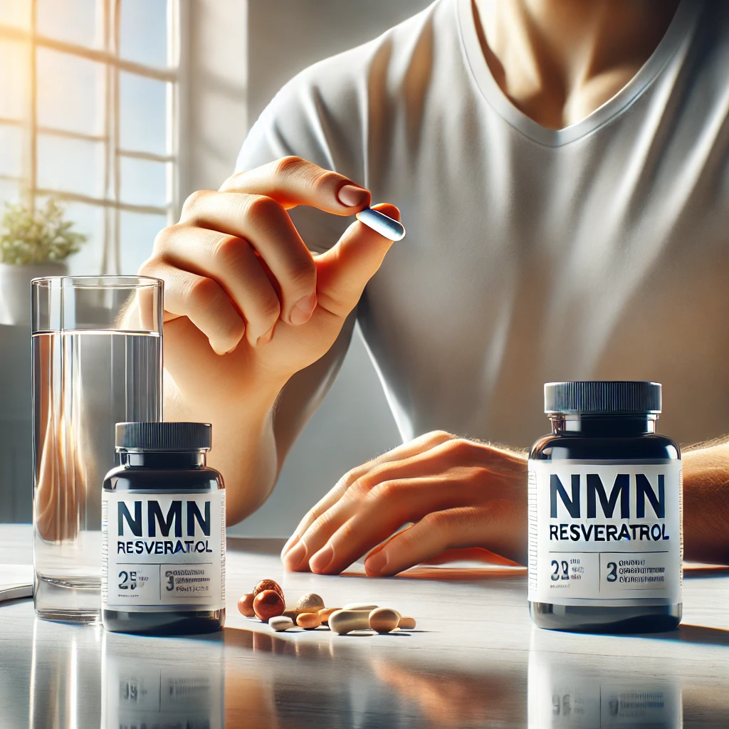 NMN &amp; 레스베라트롤 보충제를 복용하는 모습 - 건강한 식탁 위에서 영양제를 섭취하는 장면