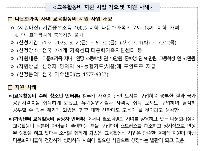 출처 _ 여성가족부 다문화가족 교육활동비 보도자료